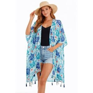 NWT Henna Shoppe Sea Turtle Kimono Robe Rayon Tassel Blue Cover Up OS